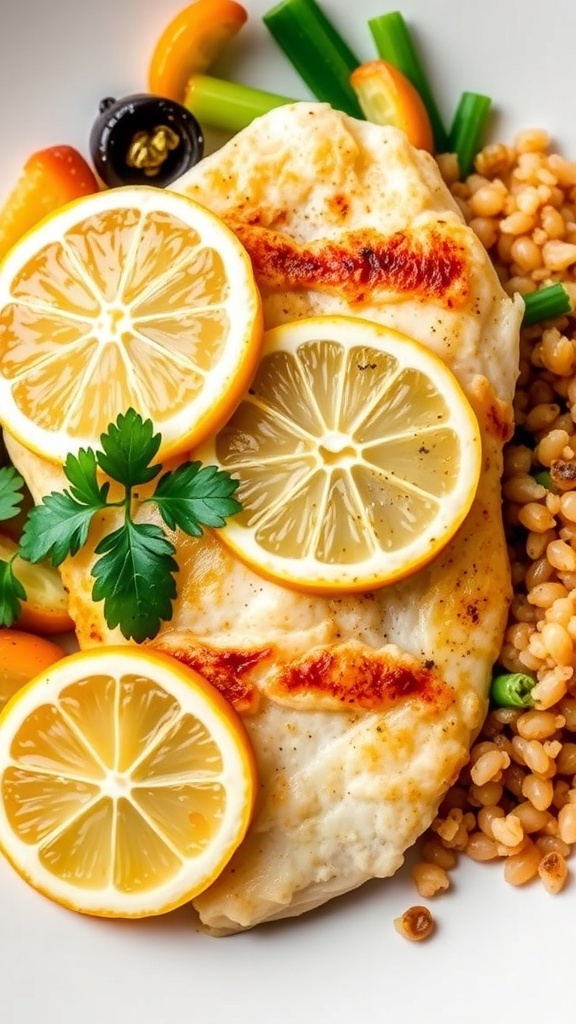 Baked tilapia fillets garnished with lemon and parsley, served with vegetables and quinoa on a white plate.